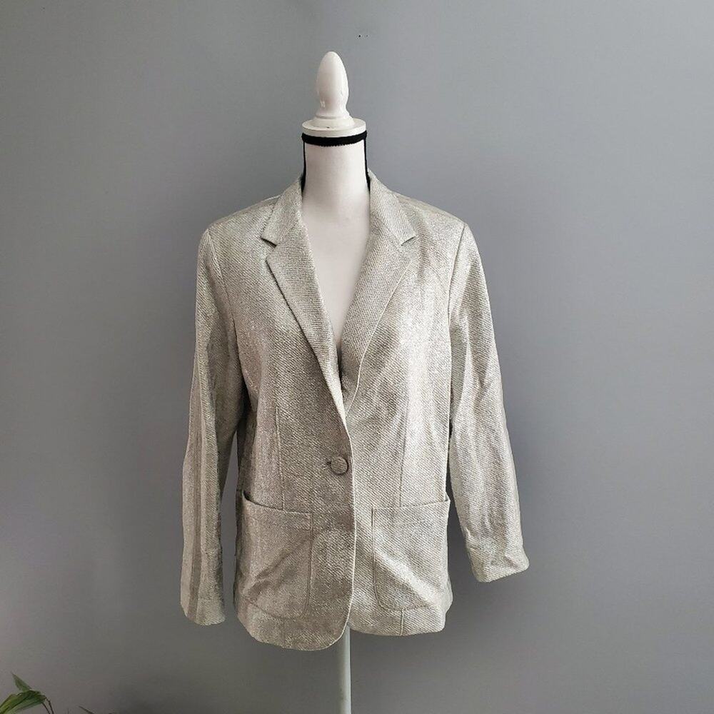 Anthropologie DREW Metallic Silver Tuxedo Stripe Blazer Jacket Size L